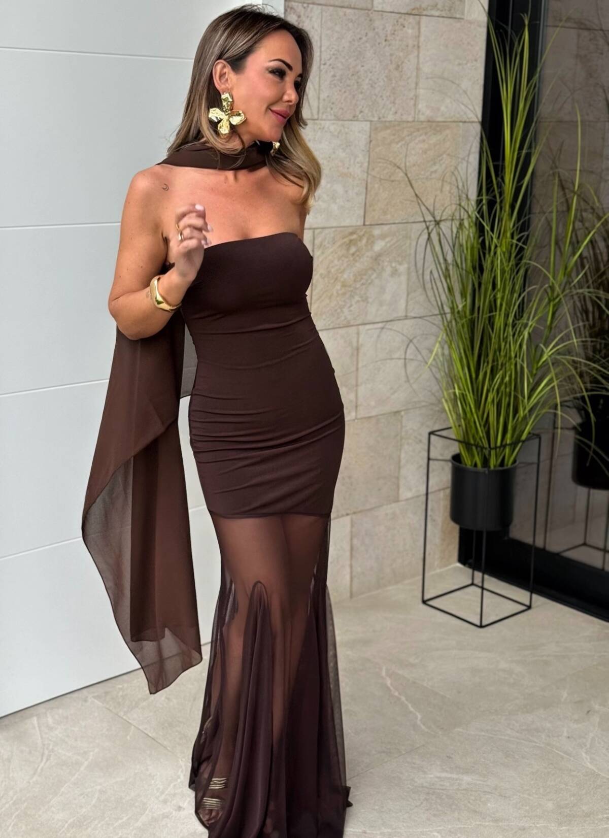 Vestido Palabra de Honor Gasa Marrón - Imagen 5