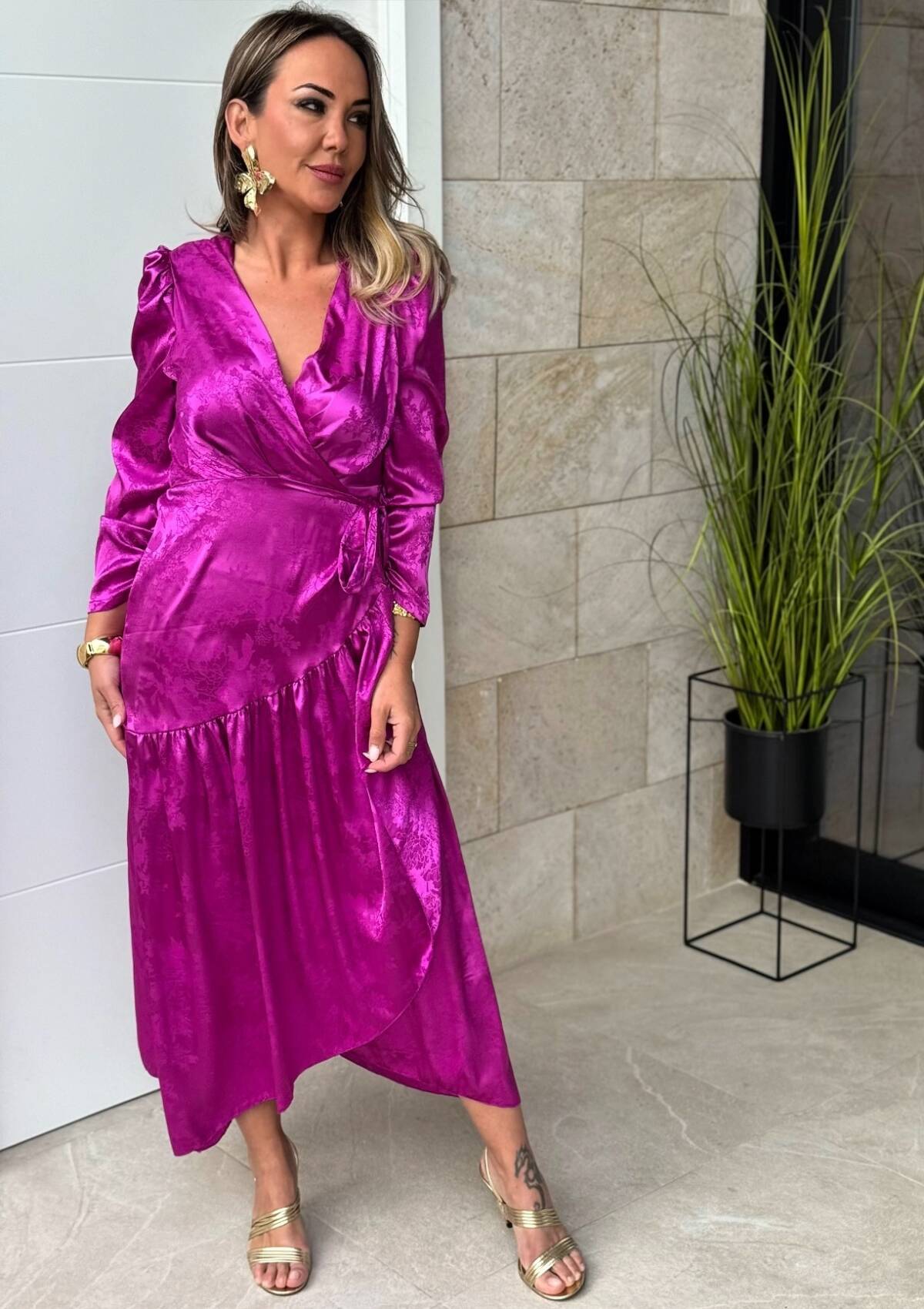 Vestido Cruzado Satinado Buganvilla - Imagen 3