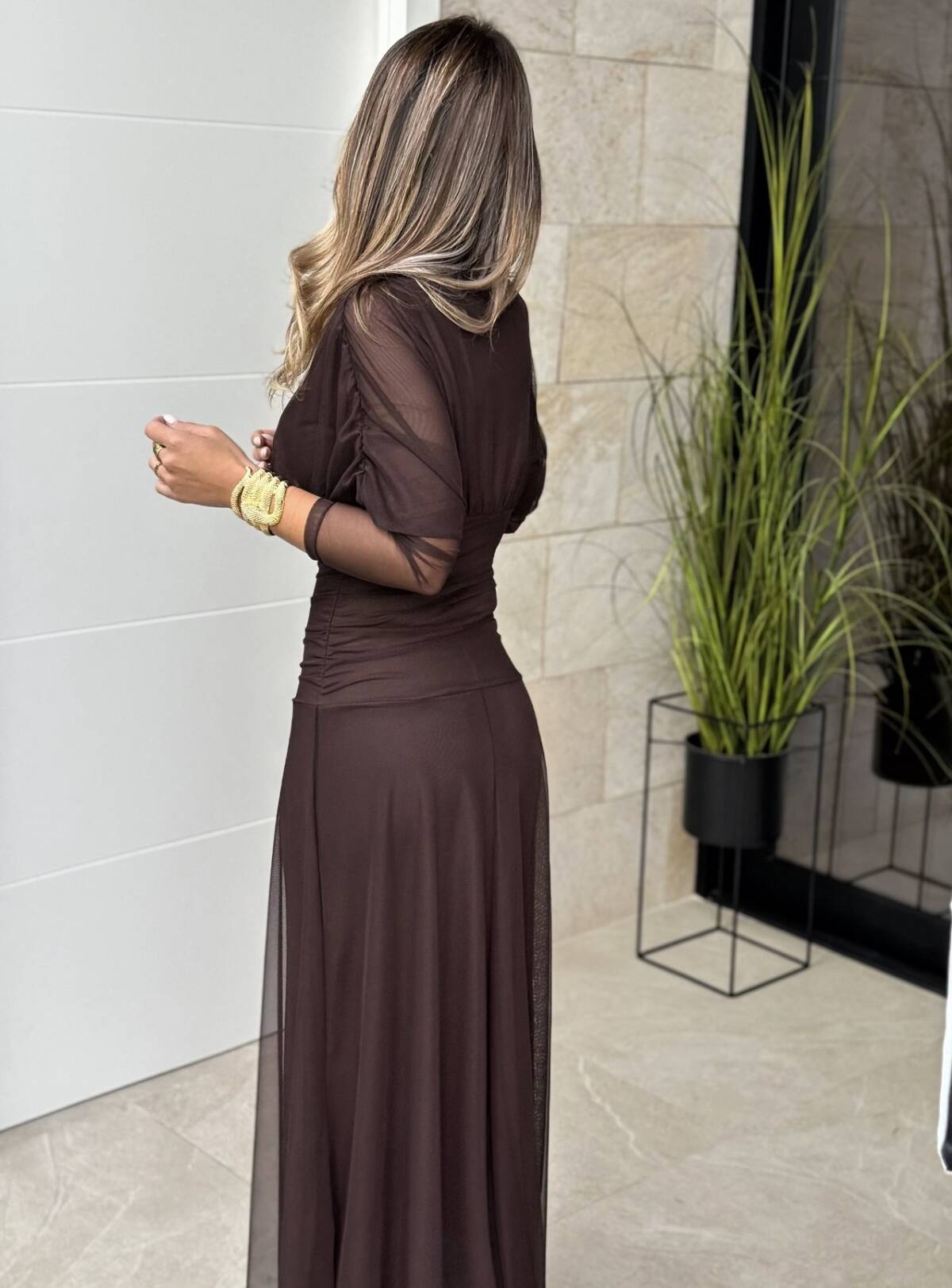 Vestido Manga Gasa Marrón - Imagen 5