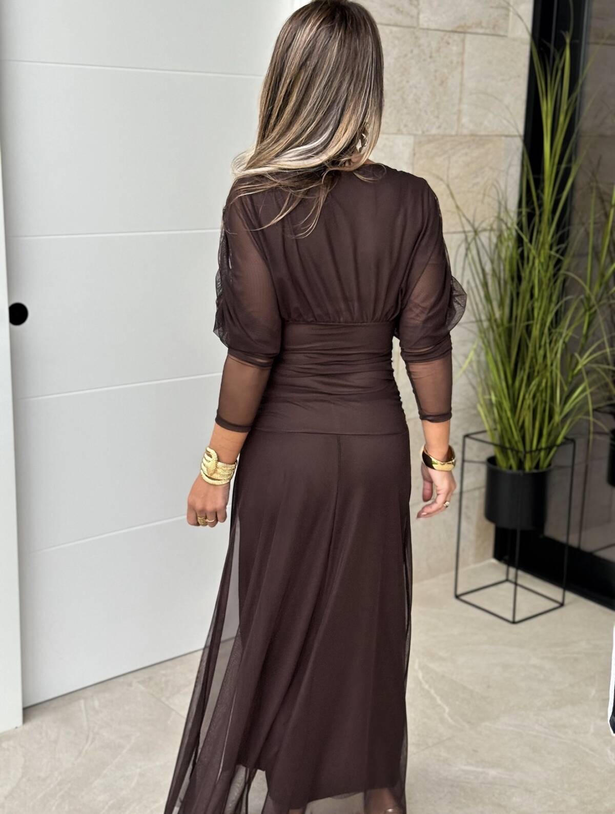 Vestido Manga Gasa Marrón - Imagen 6