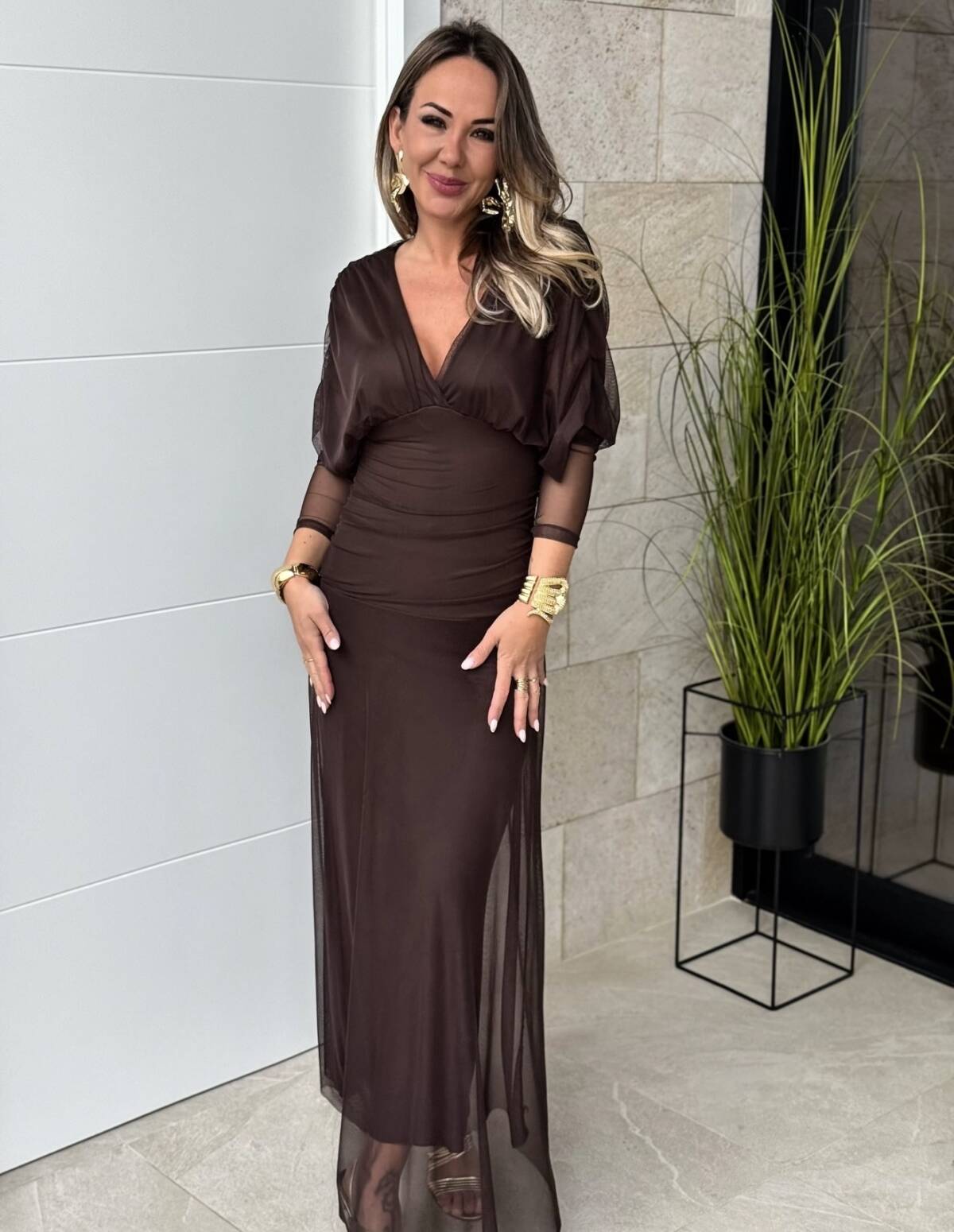 Vestido Manga Gasa Marrón - Imagen 4