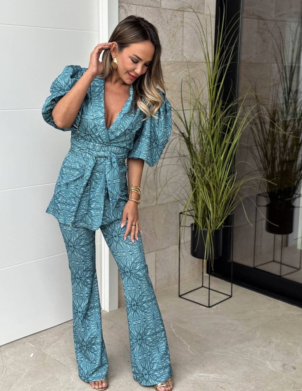 Conjunto Fajín Estampado Manga Corta Turquesa - Imagen 5