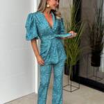 Conjunto Fajín Estampado Manga Corta Turquesa