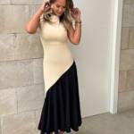 Vestido Bicolor Sin Mangas Beige