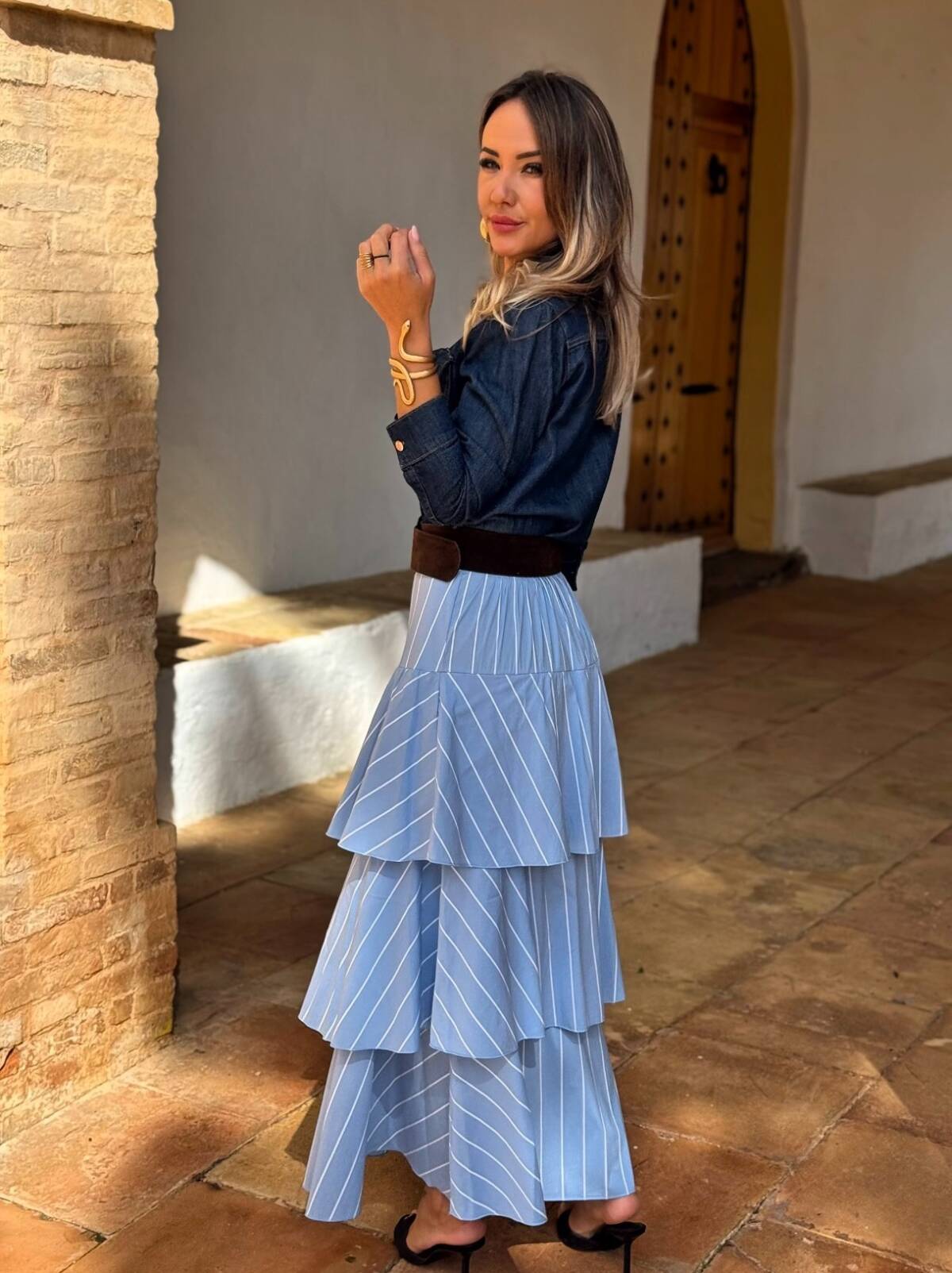 Falda Larga Rayas Volantes Azul - Imagen 2