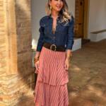 Falda Larga Rayas Volantes Teja