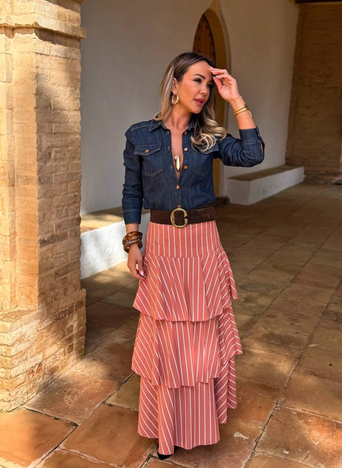 Falda Larga Rayas Volantes Teja - Imagen 4