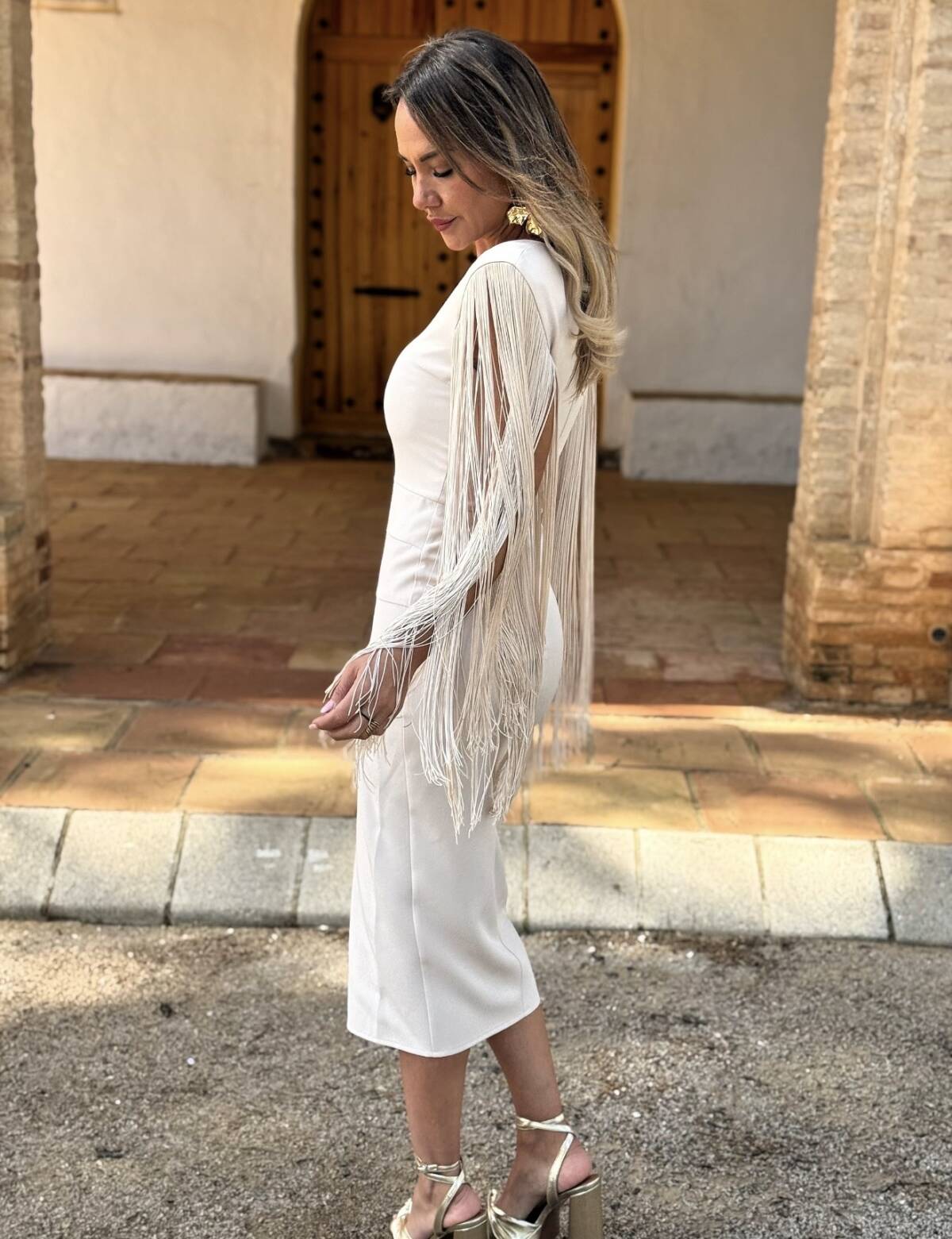 Vestido Flecos Largos Beige - Imagen 6