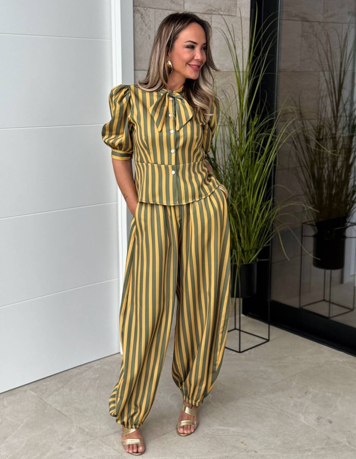 Conjunto Bombacho Rayas Verde / Mostaza - Imagen 3