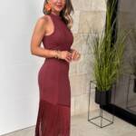 Vestido Marrón Halter Fleco