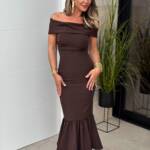 Vestido Bardot Cuello Marrón Chocolate Sin Mangas