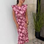 Vestido Solapas Flor Vino Rosa