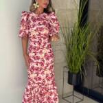 Vestido Farol Volante Estampado Olivo Buganvilla