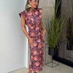 Vestido Solapas Flor Coral Berenjena