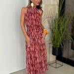 Vestido Gasa Estampado Halter Naranja