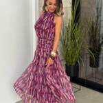 Vestido Gasa Estampado Halter Morado