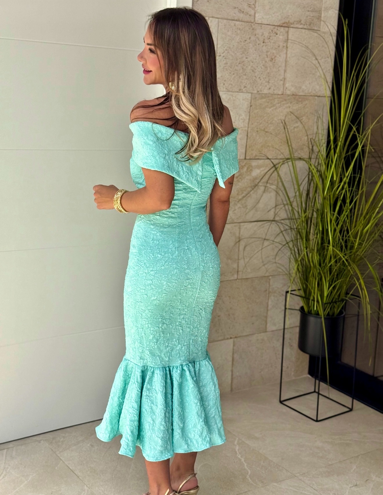 Screenshot Vestido Bardot Jacquard Turquesa - Imagen 1