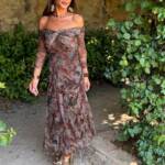 Vestido Gasa Bardot Estampado Marrón