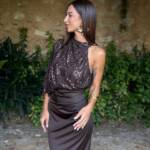 Vestido Asimétrico Satinado Lentejuela Marrón
